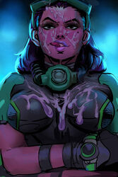 1girls alternate_costume angry angry_face big_breasts blizzard_entertainment breasts cum cum_on_breasts cum_on_face cum_on_upper_body eyeshadow facial female idlecil latina lick licking_lips overwatch pink_lipstick purple_lipstick solo sombra tagme tongue tulum_sombra video_games