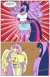 ... alicorn anthro anthrofied big_breasts breasts cleavage clothed clothing comic dekomaru dialogue english_text equine feathered_wings feathers female fluttershy_(mlp) friendship_is_magic fur hair horn huge_breasts lactation mammal my_little_pony navel nipples open_shirt pegasus pink_hair purple_fur purple_hair purple_wings pussy robe shirt straight_hair tank_top text thehotroom wings yellow_fur yellow_nipples yellow_wings