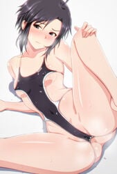 ahoge anus bikini black_bikini black_eyes black_hair blush breasts female grey_background highres idolmaster kikuchi_makoto looking_to_the_side medium_breasts short_hair simple_background solo sweat swimsuit tengu_(tetuo_kun) tetuo_kun