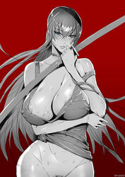 black_and_white blue_eyes blush bottomless breasts fei_(maidoll) female highres highschool_of_the_dead hotd huge_breasts katana large_breasts long_hair nipples pubic_hair red_background saeko_busujima solo sweat sword very_long_hair weapon