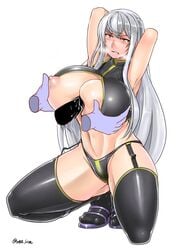 areola_slip areolae armpits arms_behind_head arms_up bare_shoulders black_legwear black_panties blush breast_grab breasts cleavage clenched_teeth clothing crying crying_with_eyes_open cum female frown full_body garter_straps grabbing highleg highleg_panties highres huge_breasts kneehighs large_breasts long_hair navel nipples paizuri panties perpendicular_paizuri rape red_eyes saizu_nitou_gunsou selvaria_bles sidelocks silver_hair stockings stomach tears teeth thighhighs underboob underwear valkyria_chronicles valkyria_chronicles_1 very_long_hair visible_air