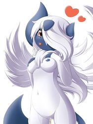 2017 absol anthro blush breasts heart mega_absol nintendo nipples peeing pokemon pokemon_(species) pussy spoken_heart standing symbianl tongue tongue_out uncensored urine