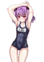 armpits blush breasts clenched_teeth covered_navel fate/grand_order fate_(series) female helena_blavatsky_(fate) medium_hair navel purple_eyes purple_hair small_breasts solo swimsuit tears