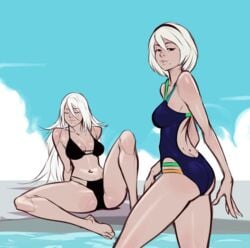 2girls animated areolae ass bikini breasts female female_only izra looking_at_viewer multiple_girls nier nier:_automata nipples nude one-piece_swimsuit partially_submerged swimsuit tanlines undressing yorha_2b yorha_a2