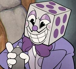 animate_inanimate black_eyes blush bow close-up clothed clothing cum cum_on_penis cuphead_(game) dice erection gay gloves handjob king king_dice looking_down orgasm penis precum royalty smile solo_focus suit teeth unknown_artist