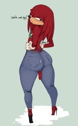 1boy 1femboy anthro anthro_femboy anthro_male big_ass bikini_top echidna femboy flat_chest furry gloves heels high_heels jeans jeteggs knuckles_the_echidna large_ass looking_back male mobian_(species) open_toe_shoes penis ripped_pants solo solo_femboy solo_focus sonic_(series) stiletto_heels tail talking_to_viewer thick thick_ass thick_legs thick_thighs