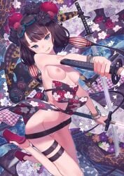 :p bead_bracelet beads belt black_hair blue_eyes blush bracelet breasts dual_wielding fate/grand_order, fate_(series) female floral_print flower goggles goggles_on_head hair_flower hair_ornament holding holding_sword holding_weapon jewelry katana katsushika_hokusai_(fate), katsushika_hokusai_(swimsuit_saber)_(fate) kuroboshi_kouhaku leg_belt licking_lips long_hair looking_at_viewer low_twintails medium_breasts multiple_swords navel nipples nude obi octopus purple_hair pussy sandals sash short_hair sidelocks small_breasts smile solo swimsuit sword thigh_strap tokitarou_(fate) tongue tongue_out twintails weapon