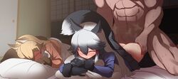 1boy 2girls animal_ears ass ass_grab black_gloves black_hair black_legwear black_skirt blonde_hair blue_shirt blush boy_on_top brown_eyes brown_gloves closed_eyes clothed_sex dark-skinned_male dark_skin door eyebrows_visible_through_hair ezo_red_fox_(kemono_friends) fox_ears fox_girl fox_tail full-face_blush fusuma gloves gradient_hair hair_between_eyes hands_on_ass head_out_of_frame highres indoors kemono_friends lifted_by_self long_sleeves lying multicolored_hair multiple_girls on_stomach one_eye_closed pantyhose pantyhose_pull parted_lips pillow pillow_hug pink_shirt pleated_skirt prone_bone secret sex shirt silver_fox_(kemono_friends) skirt skirt_lift sleeping sliding_doors stealth_sex straight sumiyao_(amam) sweat tail tatami vaginal_penetration white_hair white_skirt