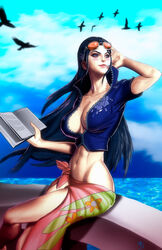 alone artist_request birds black_hair blue_eyes book breasts cleavage clouds curvy female female_only holding large_breasts leather_vest long_hair navel nico_robin one_piece sarong sea ship sitting skirt sky solo stomach sunglasses sunglasses_on_head thighs zipper