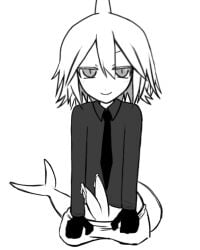 1boy antagonist blush clothed cute diphallia diphallism ejaculation funamusea gloves hands_on_legs humanoid looking_at_viewer male mogeko monochrome multi_genitalia multi_penis no_balls on_floor on_knees penis post_orgasm shark shark_fin shark_tail short_hair skinny smile tie unusual_penis villain wadanohara_and_the_great_blue_sea