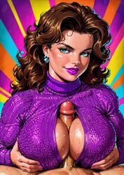 1ambiguous 1girl ai_generated blue_eyes boob_window brown_hair brunette earrings eyeshadow faceless_ambiguous female heather_langenkamp large_breasts large_tits lipstick nail_polish paizuri pink_nail_polish pov sweater titjob turtleneck turtleneck_sweater violet_eyeshadow violet_lipstick
