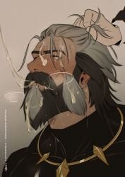 1boy bara beard black_hair blush closed_eyes covered_collarbone covered_pectorals cum cum_in_mouth cum_on_body cum_string doodlefish doodlefish75 english_commentary facial facial_hair gay grabbing_another's_hair grey_hair highres instagram_username looking_up male male_focus moustache multicolored_hair muscular muscular_male pectorals pompey_(zenless_zone_zero) signature steam swept_bangs twitter_username zenless_zone_zero