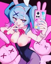 1girls 2d :p aqua_eyes blue_eyes blue_hair bracelet breasts breasts_out bunny bunny_ears bunnysuit cowboy_shot digital_media female female_only hair_ornament hairband hatsune_miku medium_breasts nipples nivaris pantyhose partially_clothed peace_sign phone pink_nails plushie solo stuffed_animal tongue_out twintails v v_sign