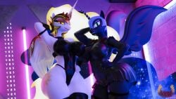 3d absurd_res alicorn anthro armor ass big_butt biped breasts clothed clothing daybreaker_(mlp) digital_media_(artwork) duo equid equine eyelashes feathered_wings feathers female friendship_is_magic hand_on_hip hasbro headgear helmet hi_res horn legwear loveslove mammal my_little_pony mythological_creature mythological_equine mythology nightmare_moon_(mlp) princess_celestia_(mlp) princess_luna_(mlp) pupils smile standing thick_thighs thigh_highs white_body wide_hips wings