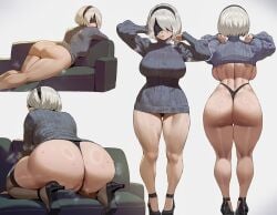 big_breasts big_butt black_panties blindfold female heels huge_ass nier:_automata shexyo stilettos sweat sweater tagme white_hair yorha_2b