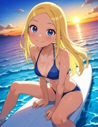 2025 ai_generated beach belly blonde_female blonde_girl blonde_hair_female blue_bikini blue_eyes brown_eyebrows cartoon_network dc dc_comics dcau deviantart elryusam hands_on_surfboard meta not_porn ocean red_cheeks sitting_on_surfboard teen_titans terra tummy wet_bikini wet_body wet_skin white_surfboard