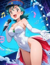 2025 4kids_entertainment ai_generated anime brown_eyes deviantart elryusam goldeen goldeen_(cosplay) good_girl green_eyebrows green_hair_female holding_microphone kasumi_(pokemon) looking_at_viewer meta misty_(pokemon)_(cosplay) nintendo not_porn officer_hat officer_jenny_(pokemon) open_mouth orange_cheeks pokemon singing smile_at_viewer smiling_at_viewer stage white_gloves