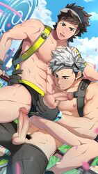 2boys abs age_difference brown_hair human male male_only male_protagonist_(pokemon_go) mazjojo multiple_boys muscle nintendo outdoors penis pokemon pokemon_go pubic_hair silver_hair testicles willow_(pokemon) yaoi