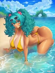 1girls all_fours alternate_costume alternate_version_available armwear ass beach bent_over big_ass big_breasts bikini bikini_bottom bikini_top bottomwear brazilian brazilian_miku breasts cleavage dayby female female_only flower flower_in_hair golden_bikini hair hair_ornament hatsune_miku headwear huge_ass huge_breasts looking_at_viewer neckwear pearl_necklace smile solo solo_female sunglasses sunglasses_on_head swimwear teal_eyes teal_hair tongue tongue_out topwear twintails vocaloid water yellow_bikini