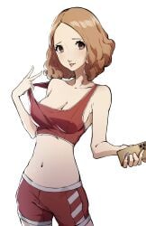 absurdres atlus bike_shorts blonde_hair breasts brown_eyes brown_hair cleavage female female_focus groin haru_okumura highres kunomd large_breasts looking_at_viewer midriff navel nipples_visible_through_clothing persona persona_5 red_shorts red_sports_bra sega short_hair shorts sideboob signature smile solo sports_bra tank_top transparent