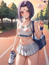 ai_generated asking_for_it femboy genderswap gym_bag inviting inviting_to_fuck park raven_(dc) see-through_clothing skirt skirt_lift skirt_up sports_bra sunset sweat sweatdrop sweating sweaty_body teen_titans tennis_uniform