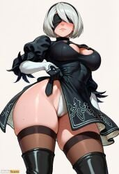 ai_generated black_blindfold black_dress black_footwear black_gloves black_thighhighs blindfold blush boots breasts cameltoe cleavage cleavage_cutout closed_mouth clothes_lift clothing_cutout covered_nipples dress dress_lift feather-trimmed_sleeves female gloves hairband high_resolution highleg highleg_leotard highres juliet_sleeves large_breasts leotard lifted_by_self lips long_sleeves mole mole_under_mouth nier:_automata puffy_sleeves short_hair simple_background skindentation solo stable_diffusion sweat thick_thighs thigh_boots thighhighs thighhighs_under_boots thighs two-sided_fabric two-sided_skirt waifuscans418 white_background white_hair white_leotard yorha_2b