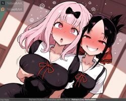 2girls ? @_@ ai_generated bangs black_bow black_dress black_hair blunt_bangs blurry blurry_background blurry_foreground blush bow breasts bubble collarbone covered_nipples crying depth_of_field dress drooling drunk eyebrows_visible_through_hair flying_sweatdrops folded_ponytail fujiwara_chika grabbing grabbing_from_behind grin groping hair_ribbon hairbow heart heart-shaped_pupils heart_in_eye indoors lactation large_breasts long_hair looking_at_viewer motion_blur multiple_girls nose_blush open_mouth pink_eyes pink_hair red_eyes red_ribbon ribbon saliva school_uniform shinomiya_kaguya short_sleeves shuuchiin_academy_uniform smile symbol-shaped_pupils symbol_in_eye tagme tearing_up tears teeth thought_bubble velianthart