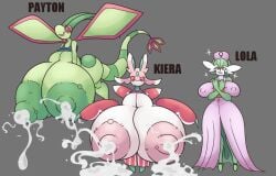 3girls anthro blush breasts breasts_bigger_than_head enormous_breasts flygon flying gardevoir gigantic_breasts huge_breasts huge_nipples hyper hyper_breasts lactating lactation lurantis massive_breasts milk milking nipples_visible_through_clothing oc piratebay pokemon pokemon_(species) sweat tail wings