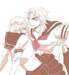 blush clothed clothing dio_brando diokira dominant_male domination gay japanese_clothing jojo's_bizarre_adventure kira_yoshikage kiradio legs_apart male male_focus male_only medium_hair muscular muscular_male no_color no_sex open_legs short_hair submissive submissive_male thick_eyebrows yaoi yoshikage_kira