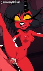 1boy 1girls accurate_art_style ai_generated big_breasts big_penis black_eyes black_hair blush breasts buckteeth choker colored_skin cum cum_drip cum_in_pussy cum_inside demon_boy demon_girl demon_horns demon_tail exposed_breasts exposed_pussy female happy helluva_boss hi_res keoenl leg_up looking_at_viewer makeup male medium_breasts millie_(helluva_boss) moaning nipples open_mouth orgasm orgasm_face patreon penis pussy pussy_juice red_body red_skin sex short_hair teeth thighs tongue torn_clothes vaginal vaginal_penetration vaginal_sex yellow_sclera yoga_pose