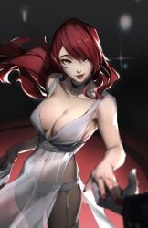 alternate_version_available breasts choker cleavage dance dancer dancer_outfit dress female hair_over_one_eye holding_hands kunomd large_breasts lingerie lipstick long_hair looking_at_viewer mitsuru_kirijo panties persona persona_3 red_eyes red_hair red_lips red_nails see-through see-through_clothing smile solo_focus thighhighs underwear white_dress