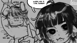 chubby_male cock_cage comic crumbge dog_ears dog_humanoid long_hair monochrome puppyplay shark_humanoid sketch topless