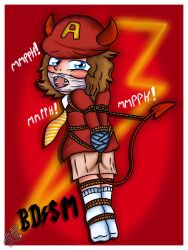 1boy ac/dc angus_young blue_eyes bondage brown_hair demon demon_horns demon_tail gag gagged rope_bondage school_boy school_uniform short_pants tape tape_gag tied_up