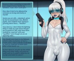 ai_assisted ai_generated bbedits_(editor) blue_eyes blue_fingernails blue_lipstick bodysuit bulge caption choker cleavage_cutout femboy gun hand_on_hip headphones latex_bodysuit otoko_no_ko pistol ponytail self_upload skin_tight skinsuit smug standing tinted_eyewear visor white_bodysuit white_hair