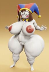 1girls 3d 3d_model ai ai_generated big_ass big_breasts big_butt brown_hair bubble_ass bubble_butt female female_focus female_only jester jester_cap jester_hat pomni pomni_(tadc) pomni_(the_amazing_digital_circus) simple_background solo solo_female surprised surprised_expression surprised_face thick_ass thick_legs thick_thighs vulkyasha vulkyasha_(style) white_body white_skin