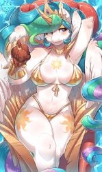 4_wings 5_fingers absurd_res alicorn anthro big_breasts bikini blush bottomwear breasts chocolate_ice_cream clothing crown cutie_mark dessert equid equine eyewear feathered_wings feathers female fingers food friendship_is_magic fur gold_bikini golden_week hasbro headgear hi_res horn ice_cream lying mammal multi_wing multicolored_hair my_little_pony mythological_creature mythological_equine mythology navel neck_accessory nipple_outline on_back peachmayflower pool_float princess_celestia_(mlp) signature smile solo swimming_pool swimwear thick_thighs topwear two-piece_swimsuit water wings wings_on_head