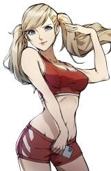 absurdres ann_takamaki bike_shorts blonde_hair breasts female highres kunomd midriff nipples_visible_through_clothing persona persona_5 smile solo sports_bra takamaki_anne tank_top transparent
