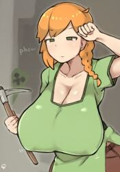 ahoge alex_(minecraft) arms_up braid breasts brown_pants cave cleavage collarbone creeper eyebrows female green_eyes green_shirt highres holding holding_weapon large_breasts minecraft orange_hair pants pickaxe raised_eyebrow raised_eyebrows shirt side_braid tied_shirt umitsuki_(kurage_no_shokushu) weapon