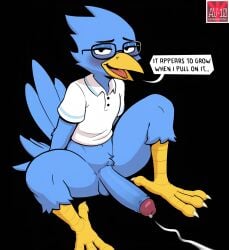 ai_generated anthro av-10 avian balls beak bedroom_eyes berdly bird bird_feet black_background blue_body blush bodily_fluids clothing cum deltarune dialogue ejaculation eyewear genital_fluids genitals glasses hi_res humanoid_genitalia humanoid_penis long_penis looking_at_viewer male narrowed_eyes nerd open_mouth penis polo_shirt seductive shirt simple_background sitting solo spread_legs spreading text thick_thighs topwear undertale_(series) yellow_beak