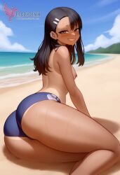 1girls 2d ai_generated areolae ass back bare_shoulders beach big_ass bikini bikini_pull black_hair blue_bikini blue_eyes brown_eyes competition_swimsuit dark_skin dark_skinned_female day erophoenix female female_focus full_body hairclip hayase_nagatoro jewelry long_hair looking_at_viewer ocean one-piece_swimsuit one-piece_tan outdoors patreon_username please_don't_bully_me,_nagatoro pointy_ears sitting skin_fang sky small_breasts smile solo swimsuit tan tan_body tan_lines tanline thick thick_thighs uncensored