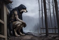 ai_generated anthro avaru forest male male_only rain raining solo wolf