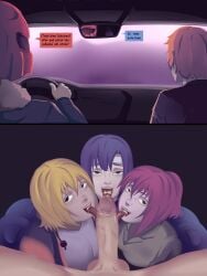 1boy 3girls after_oral ana_leopad blonde_hair clothed cum_in_mouth cum_on_face el_diario_de_jonathan female hidden_sex jayden_murtons jonathan_almendair male open_mouth purple_hair red_hair samantha_cortez sex smiling spanish_text stealth_sex text text_box tongue_out trubaelax