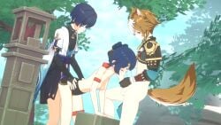 1girls 2boys 3d animal_ears armband ass assisted_fellatio blowjob blue_hair brown_hair closed_eyes clothed_sex fellatio female forest genshin_impact gorou_(genshin_impact) green_eyes hair_ornament holding_head holding_penis holding_waist legband male mmf_threesome moaning nude outside outside_sex partially_nude petite pleasure_face purple_eyes sansonnsfw scaramouche_(genshin_impact) sex sex_from_behind short_hair shorts sky small_breasts spitroast standing_doggy_style sucking_penis tail threesome tree white_hair xiangling_(genshin_impact)