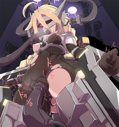 ahoge blazblue blonde_hair bodysuit braid breasts female infraton lambda-11 mecha_musume oral red_eyes single_braid solo text thighhighs torn_clothes vaginal_penetration very_long_hair