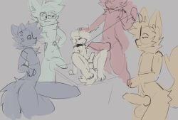 2025 5boys balls bandana belly big_balls canine canine_penis collar collar_and_leash dog_ears eye_covered eyes_half_open femboy furry gay glasses hair_over_one_eye hand_on_head hands_on_hips hands_on_table knotted_penis leash leash_and_collar legs_on_table looking_away looking_embarrased male penis penis_close_to_face penis_on_table penis_size_difference sammy_toyy size_difference small_penis supporting_body_with_arms table tail thighs wolf wolf_ears