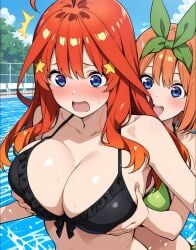 ai_generated bikini blue_eyes blush go-toubun_no_hanayome groping groping_breasts groping_from_behind incest nakano_itsuki nakano_yotsuba open_mouth outdoors pool sisters sweat yuri