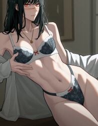1girls ai_generated athletic_female black_hair bra chainsaw_man female fit_female obliques panties scar scar_on_face solo toned_female underwear yoru_(chainsaw_man) zloimakak