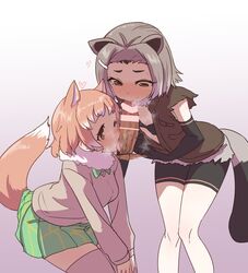 2girls american_beaver_(kemono_friends) animal_ears beaver_ears black-tailed_prairie_dog_(kemono_friends) blush brown_eyes collaborative_fellatio commentary_request cum cum_in_mouth disembodied_penis elbow_gloves fellatio fur_collar gloves grey_hair highres kemono_friends male_pubic_hair multicolored_hair multiple_fellatio multiple_girls one_eye_closed open_mouth oral penis prairie_dog_ears pubic_hair short_hair shorts skirt sleeveless solo_focus straight sumiyao_(amam) tail teamwork tears thighhighs veins veiny_penis white_legwear