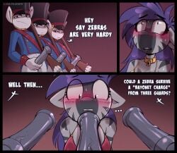 anthro comic dialogue english_text equid equine felixf female genitals group guard hasbro hi_res horse male male/female mammal my_little_pony penis pony text zebra