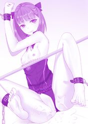 armpits barefoot biting_lip bondage censored fate/grand_order fate_(series) feet female helena_blavatsky_(fate) medium_hair monochrome pussy pussy_juice restrained ribbon shady_(373162955) small_breasts soles strapless_dress tears toes